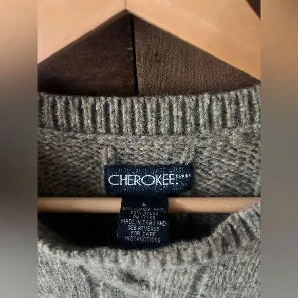 Vintage Cherokee Lambswool Cable Knit Sweater Fisherman Gray Crewneck 90s Unisex - Picture 3 of 7